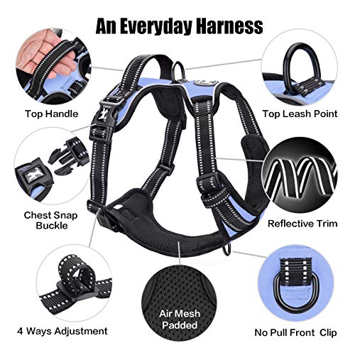PoyPet No Pull Dog Harness Light Blue Medium - Reflective Vest Harness with Front and Back Leash Attachments, Padded Handle