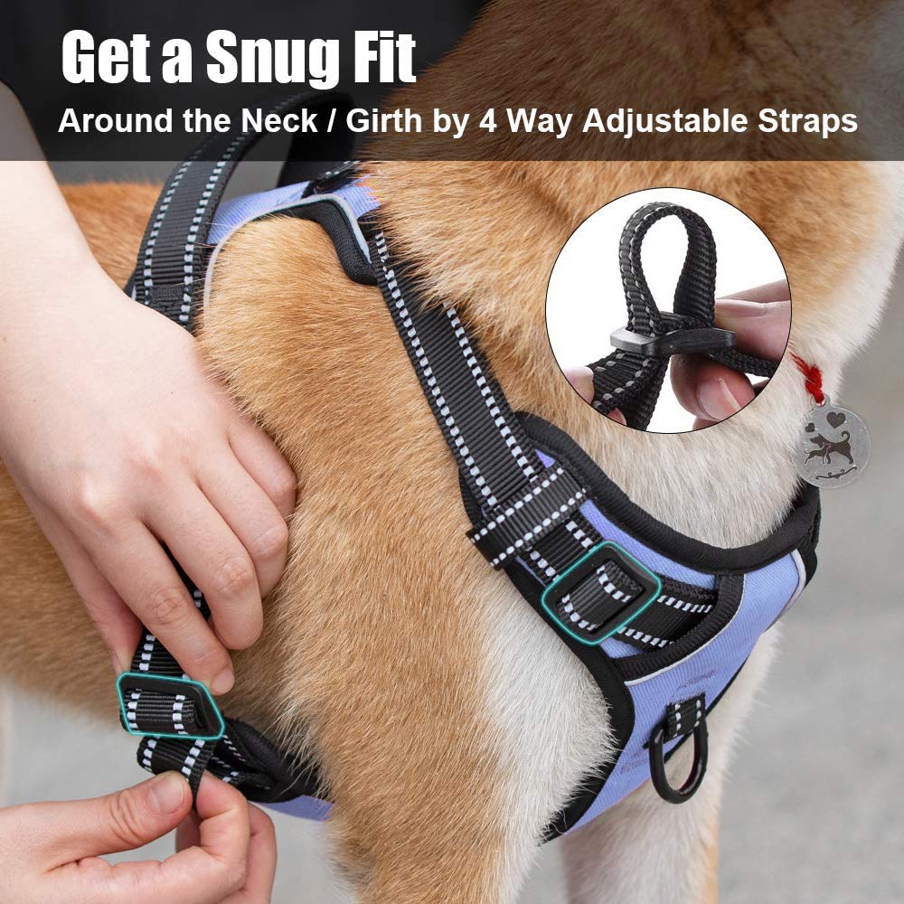 PoyPet No Pull Dog Harness Light Blue Medium - Reflective Vest Harness with Front and Back Leash Attachments, Padded Handle