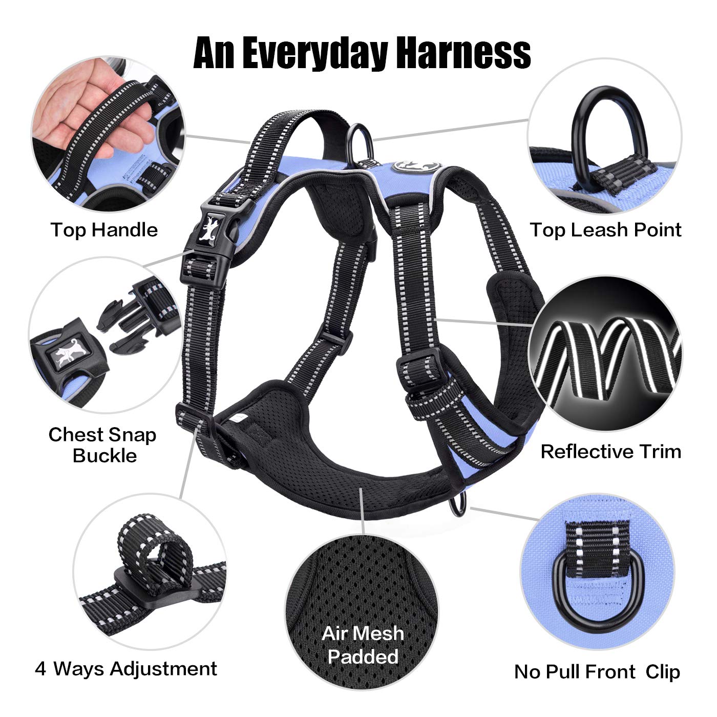 PoyPet No Pull Dog Harness Light Blue Medium - Reflective Vest Harness with Front and Back Leash Attachments, Padded Handle