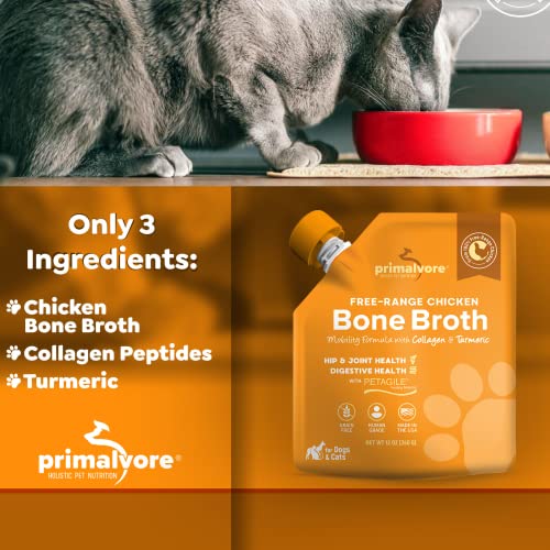 Primalvore Free-Range Chicken Bone Broth for Dogs & Cats - Mobility Formula with Collagen Peptides, Human Grade, 12 oz 2-Pack