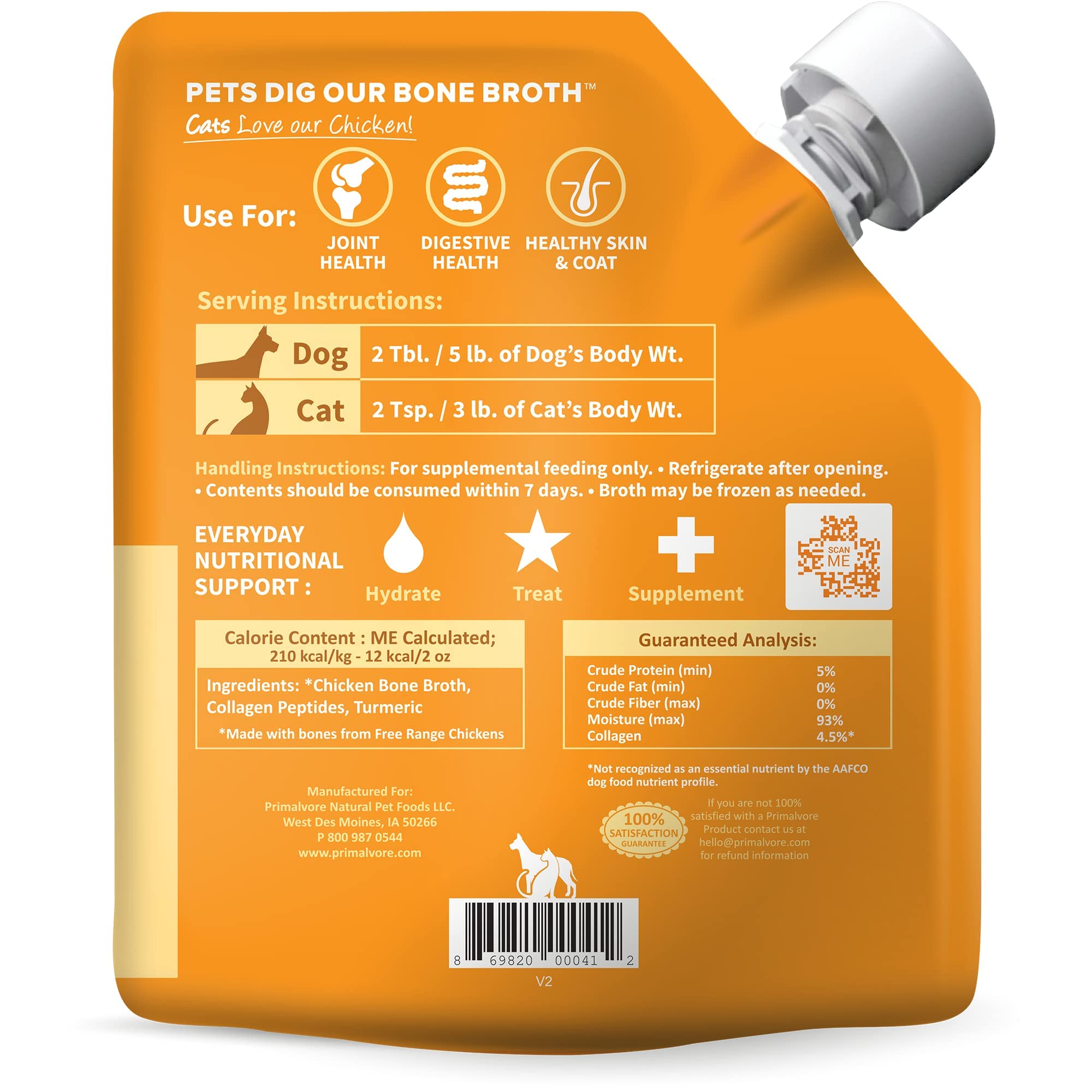 Primalvore Free-Range Chicken Bone Broth for Dogs & Cats - Mobility Formula with Collagen Peptides, Human Grade, 12 oz 2-Pack