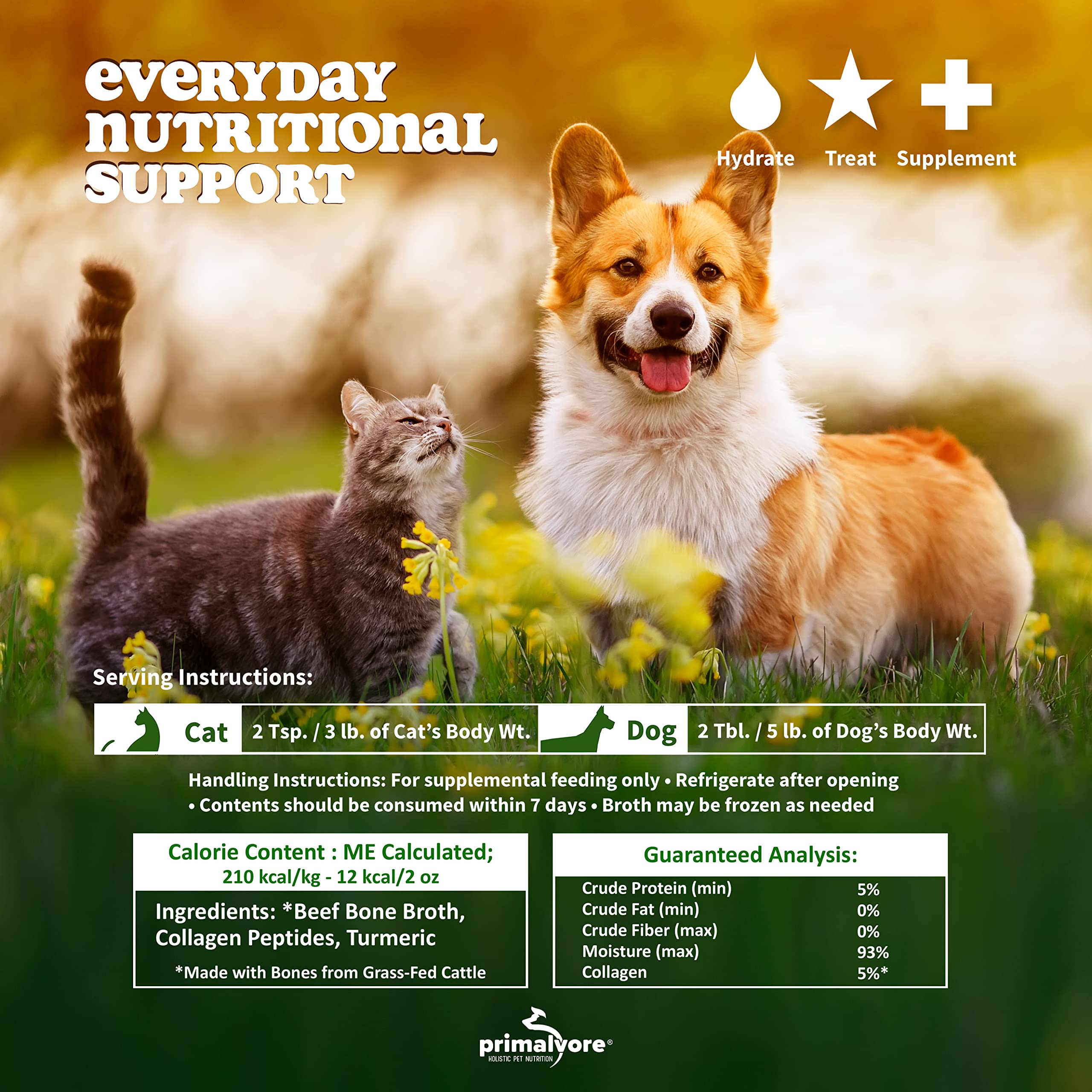 Primalvore Free-Range Chicken Bone Broth for Dogs & Cats - Mobility Formula with Collagen Peptides, Human Grade, 12 oz 2-Pack