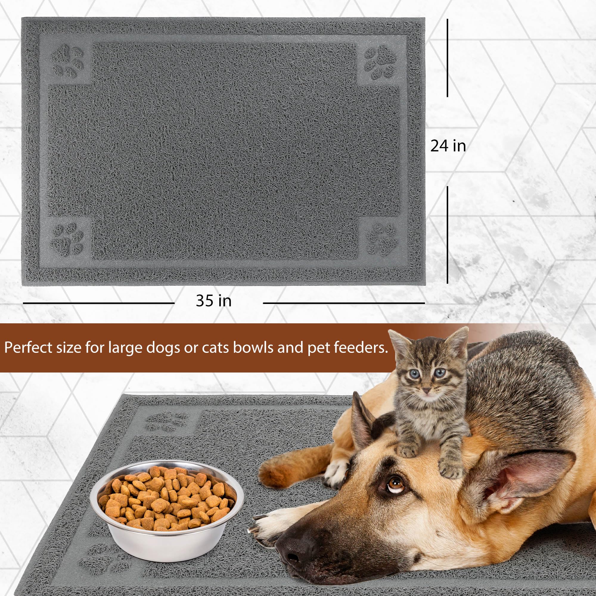 Prime Pets 35x24 Inch Waterproof Dog Food Mat – Non-Slip, Soft on Paws, Grey
