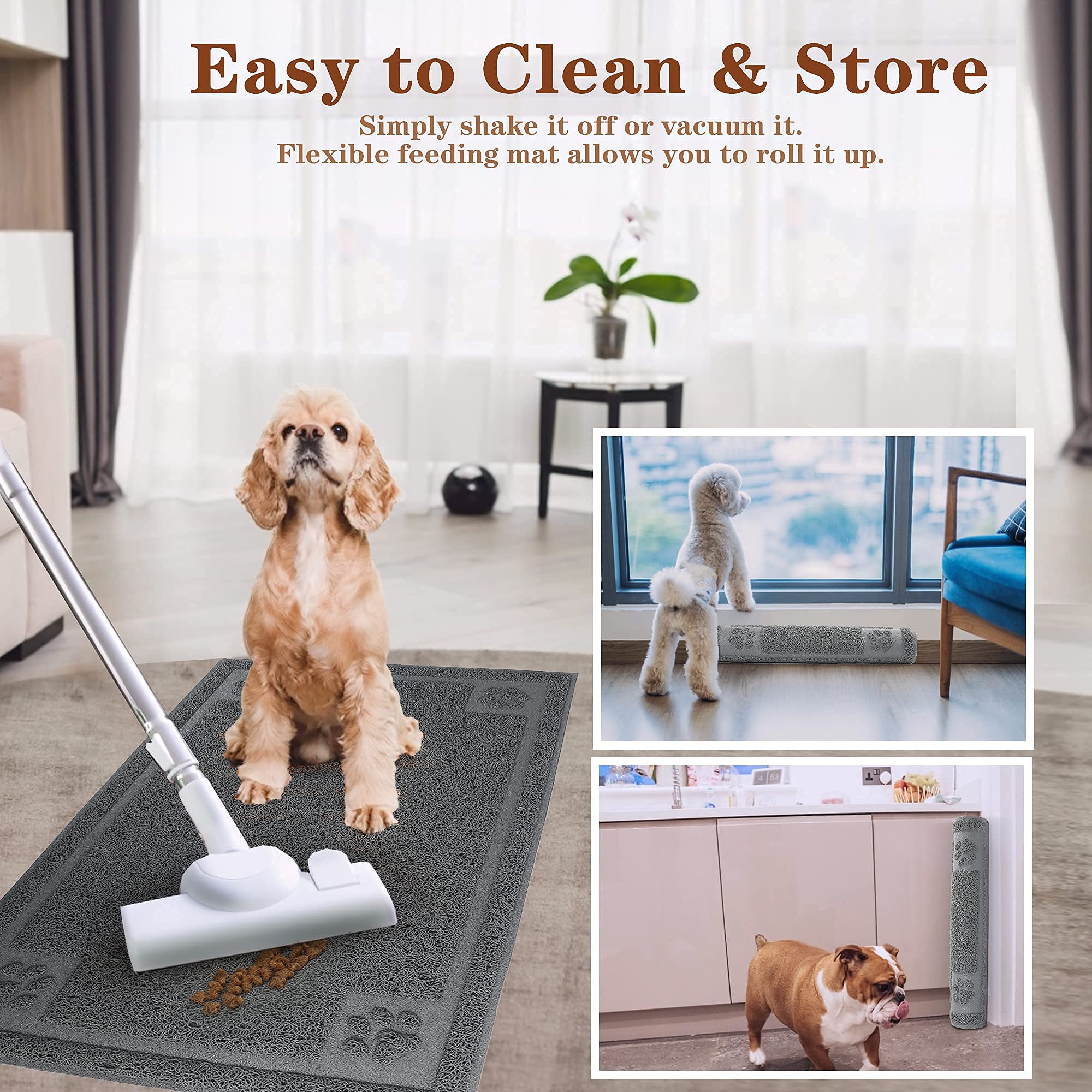 Prime Pets 35x24 Inch Waterproof Dog Food Mat – Non-Slip, Soft on Paws, Grey