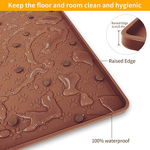 Ptlom Waterproof Silicone Dog Feeding Mat, Non-Slip Pet Placemat with Raised Edges, Brown 24.5x16.5 inches