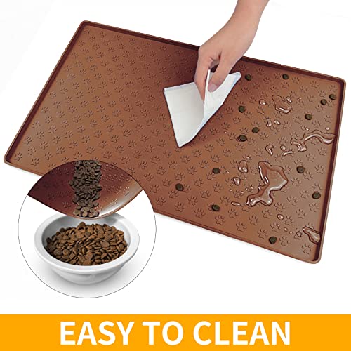 Ptlom Waterproof Silicone Dog Feeding Mat, Non-Slip Pet Placemat with Raised Edges, Brown 24.5x16.5 inches