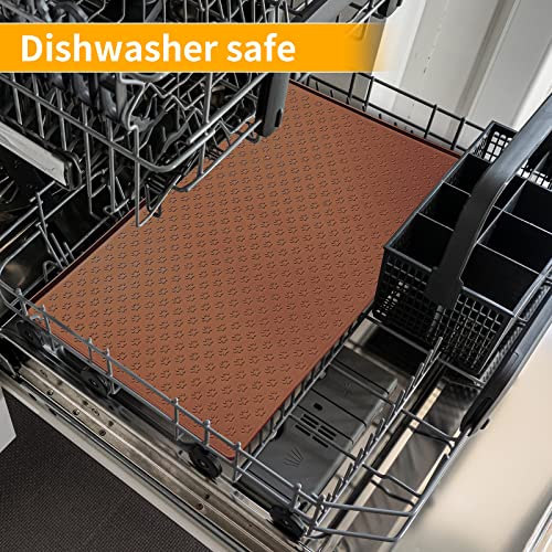 Ptlom Waterproof Silicone Dog Feeding Mat, Non-Slip Pet Placemat with Raised Edges, Brown 24.5x16.5 inches