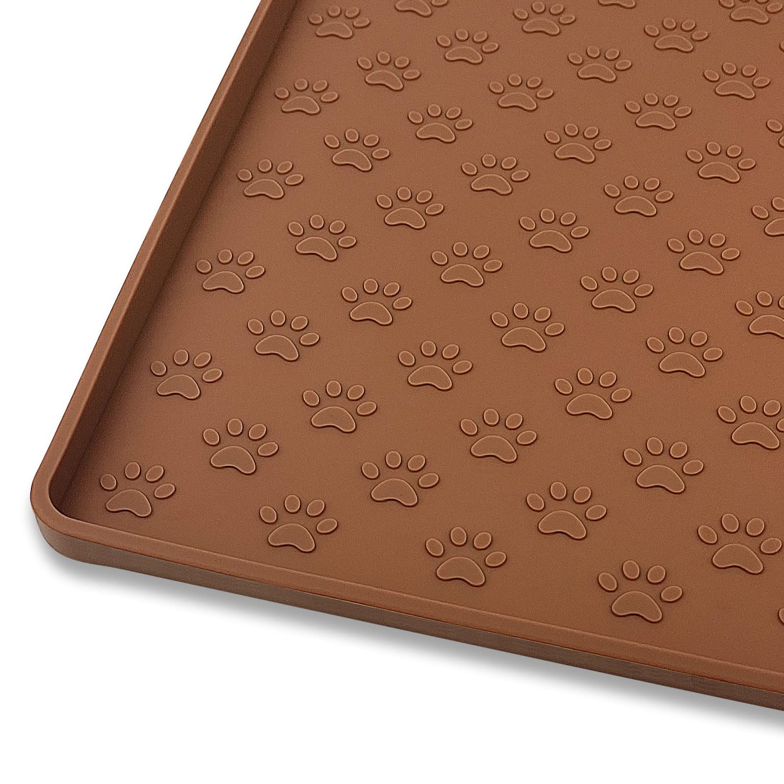 Ptlom Waterproof Silicone Dog Feeding Mat, Non-Slip Pet Placemat with Raised Edges, Brown 24.5x16.5 inches