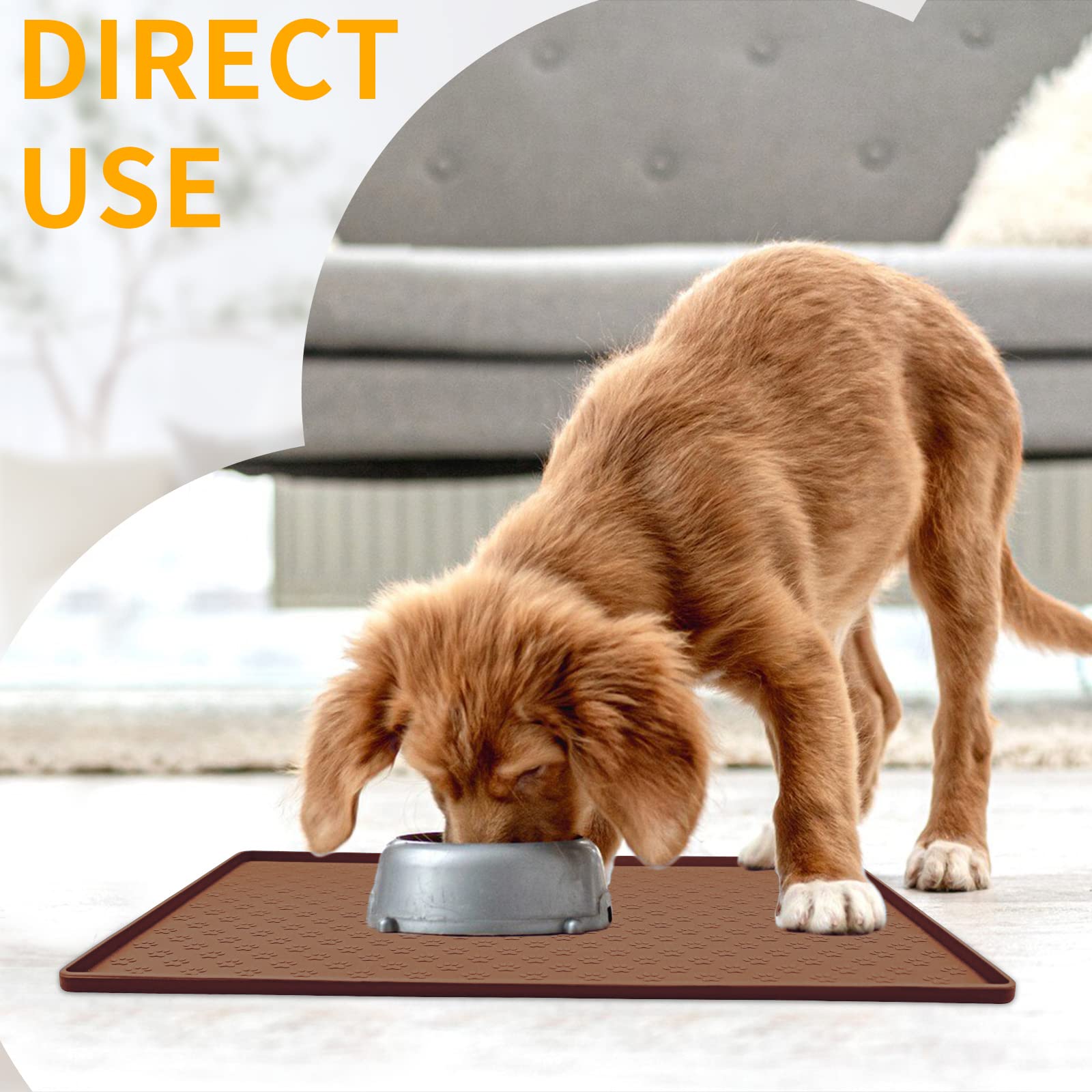 Ptlom Waterproof Silicone Dog Feeding Mat, Non-Slip Pet Placemat with Raised Edges, Brown 24.5x16.5 inches