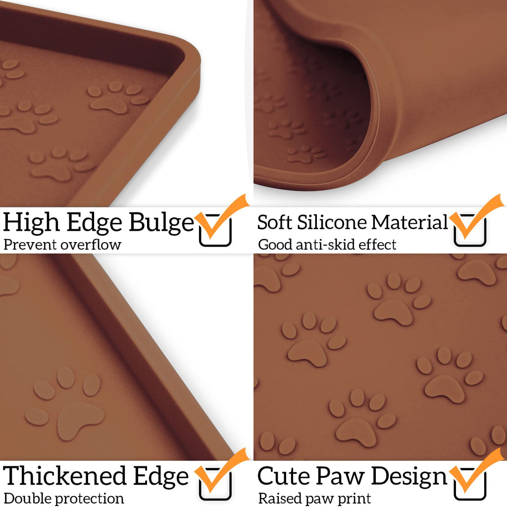 Ptlom Waterproof Silicone Dog Feeding Mat, Non-Slip Pet Placemat with Raised Edges, Brown 24.5x16.5 inches