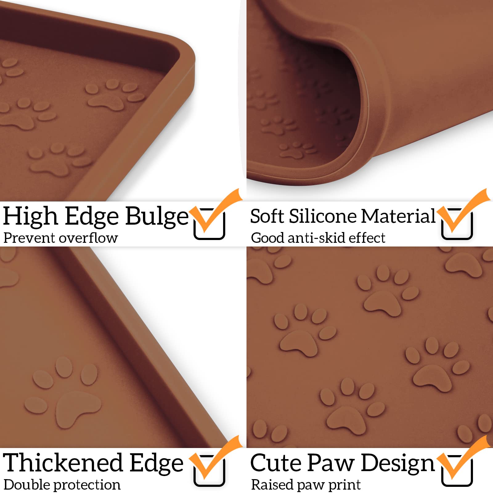 Ptlom Waterproof Silicone Dog Feeding Mat, Non-Slip Pet Placemat with Raised Edges, Brown 24.5x16.5 inches