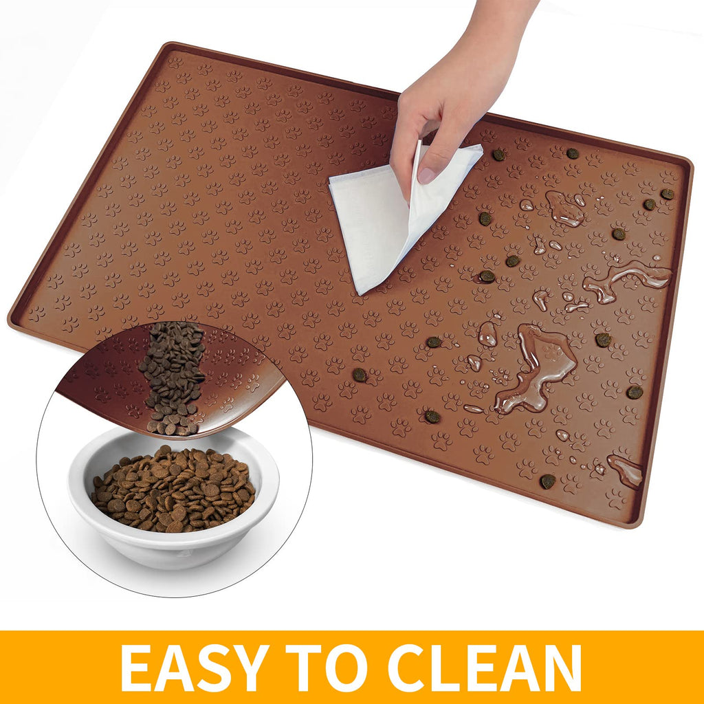Ptlom Waterproof Silicone Dog Feeding Mat, Non-Slip Pet Placemat with Raised Edges, Brown 24.5x16.5 inches
