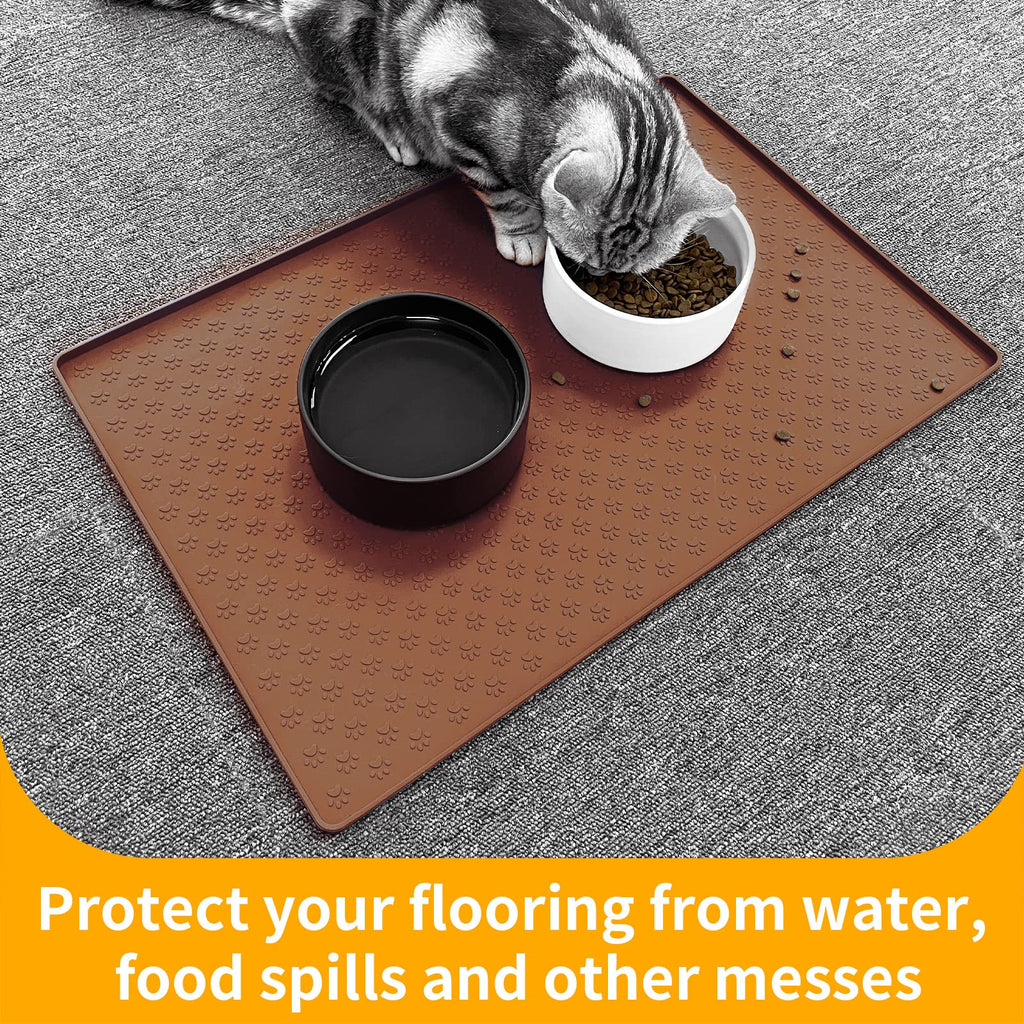 Ptlom Waterproof Silicone Dog Feeding Mat, Non-Slip Pet Placemat with Raised Edges, Brown 24.5x16.5 inches