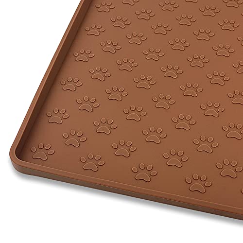 Ptlom Waterproof Silicone Dog Feeding Mat, Non-Slip Pet Placemat with Raised Edges, Brown 24.5x16.5 inches