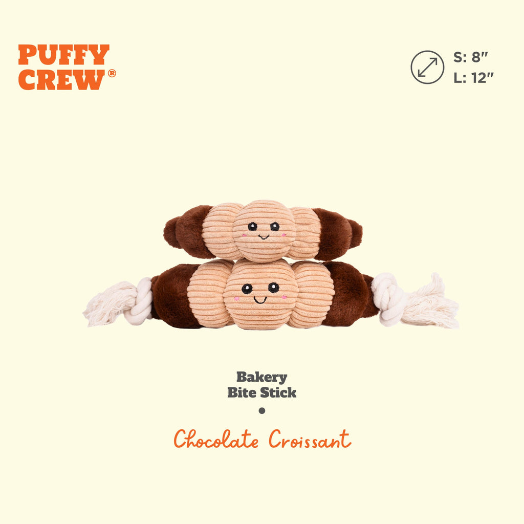 Puffy Crew Bakery Bite_Stick Croissant Dog Toy – 12-Inch Plush with Tube Squeaker and Rope