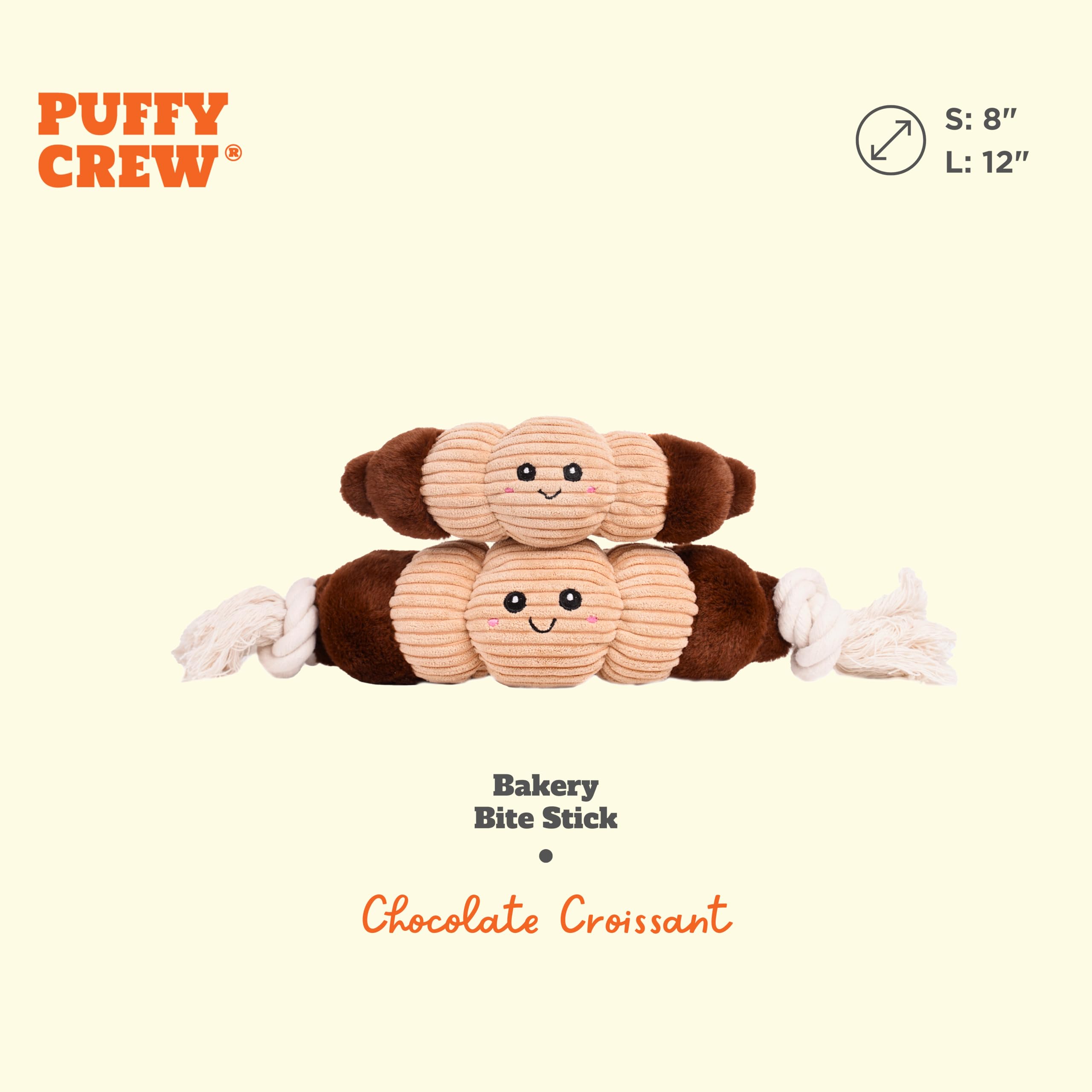Puffy Crew Bakery Bite_Stick Croissant Dog Toy – 12-Inch Plush with Tube Squeaker and Rope