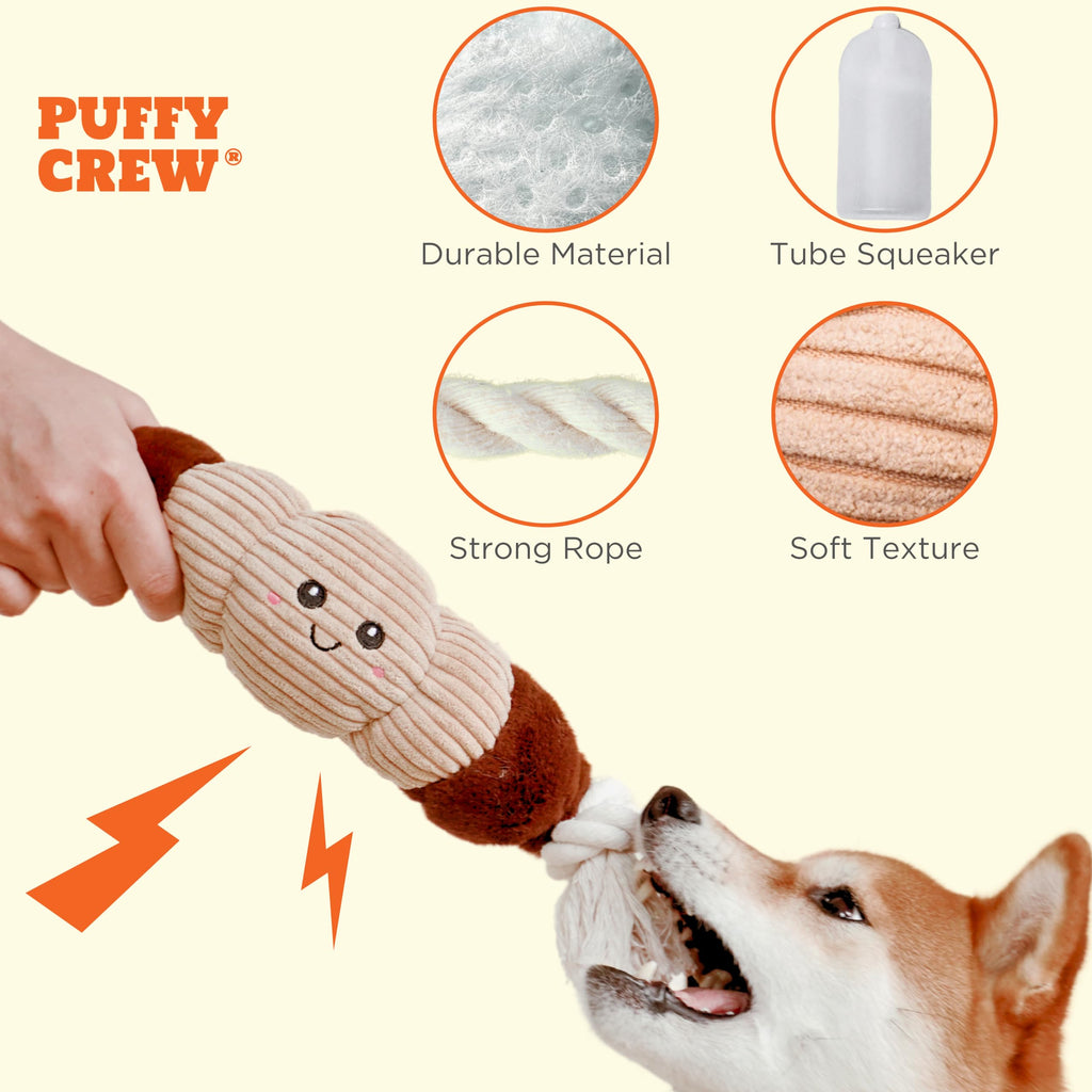 Puffy Crew Bakery Bite_Stick Croissant Dog Toy – 12-Inch Plush with Tube Squeaker and Rope