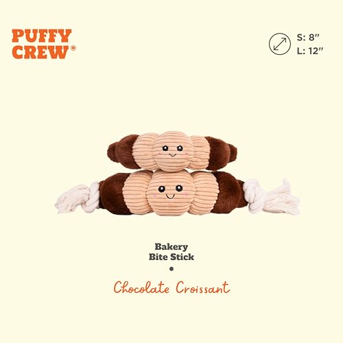 Puffy Crew Bakery Bite_Stick Croissant Dog Toy – 12-Inch Plush with Tube Squeaker and Rope