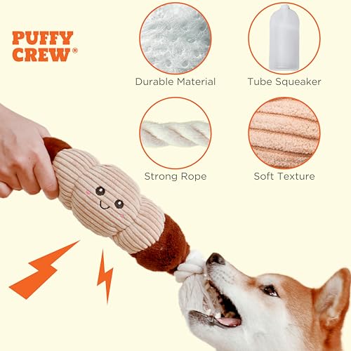 Puffy Crew Bakery Bite_Stick Croissant Dog Toy – 12-Inch Plush with Tube Squeaker and Rope