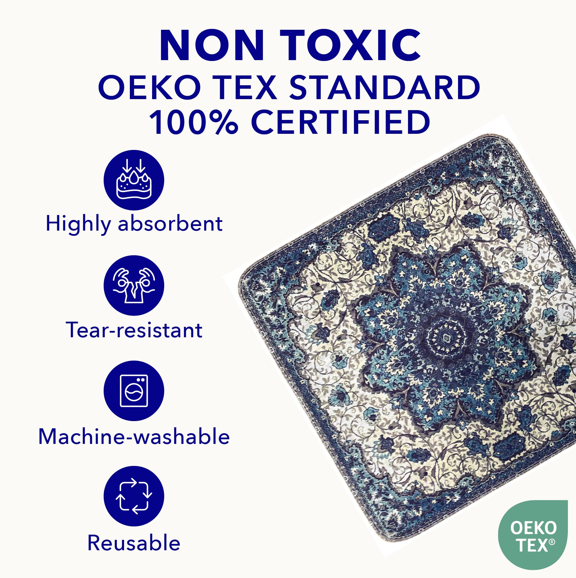 PUPIBOO Washable Pee Pad 22x22 Inches - Reusable Puppy Training Pad, Blue Medallion, Leak-Proof & Non-Slip