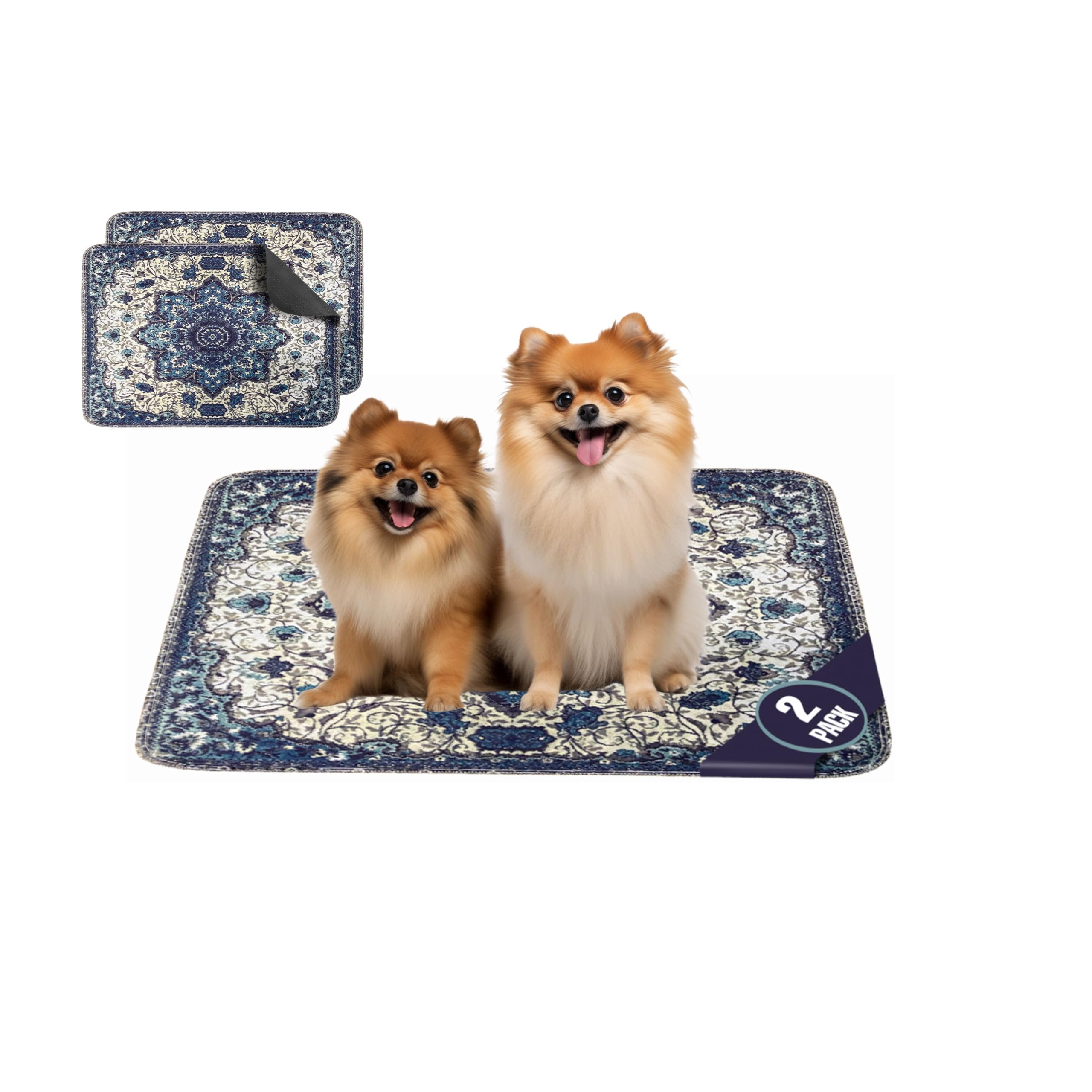 PUPIBOO Washable Pee Pads 2-Pack - Blue Medallion, 18x24 Inch Reusable Dog & Cat Training Pads