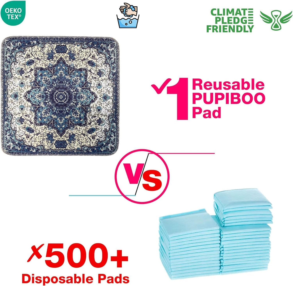 PUPIBOO Washable Pee Pads 2-Pack - Blue Medallion, 18x24 Inch Reusable Dog & Cat Training Pads