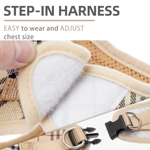 PUPTECK Adjustable Dog Harness, Collar and Leash Set - Step-in No-Pull Vest for Small Dogs and Cats, Reflective Plaid, Size XS (Beige)