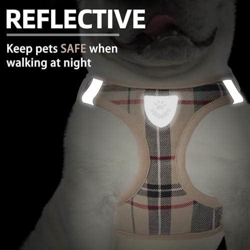 PUPTECK Adjustable Dog Harness, Collar and Leash Set - Step-in No-Pull Vest for Small Dogs and Cats, Reflective Plaid, Size XS (Beige)