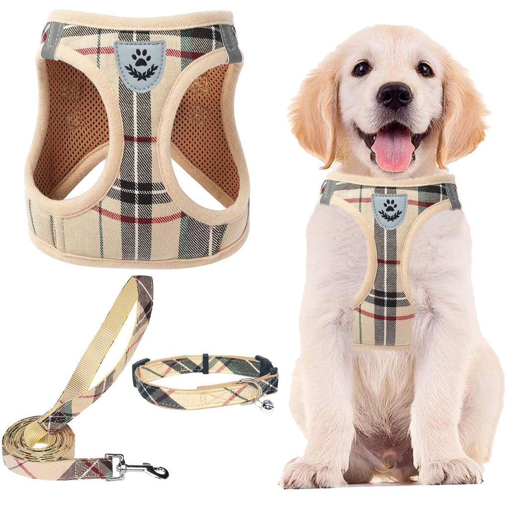 PUPTECK Adjustable Dog Harness, Collar and Leash Set - Step-in No-Pull Vest for Small Dogs and Cats, Reflective Plaid, Size XS (Beige)