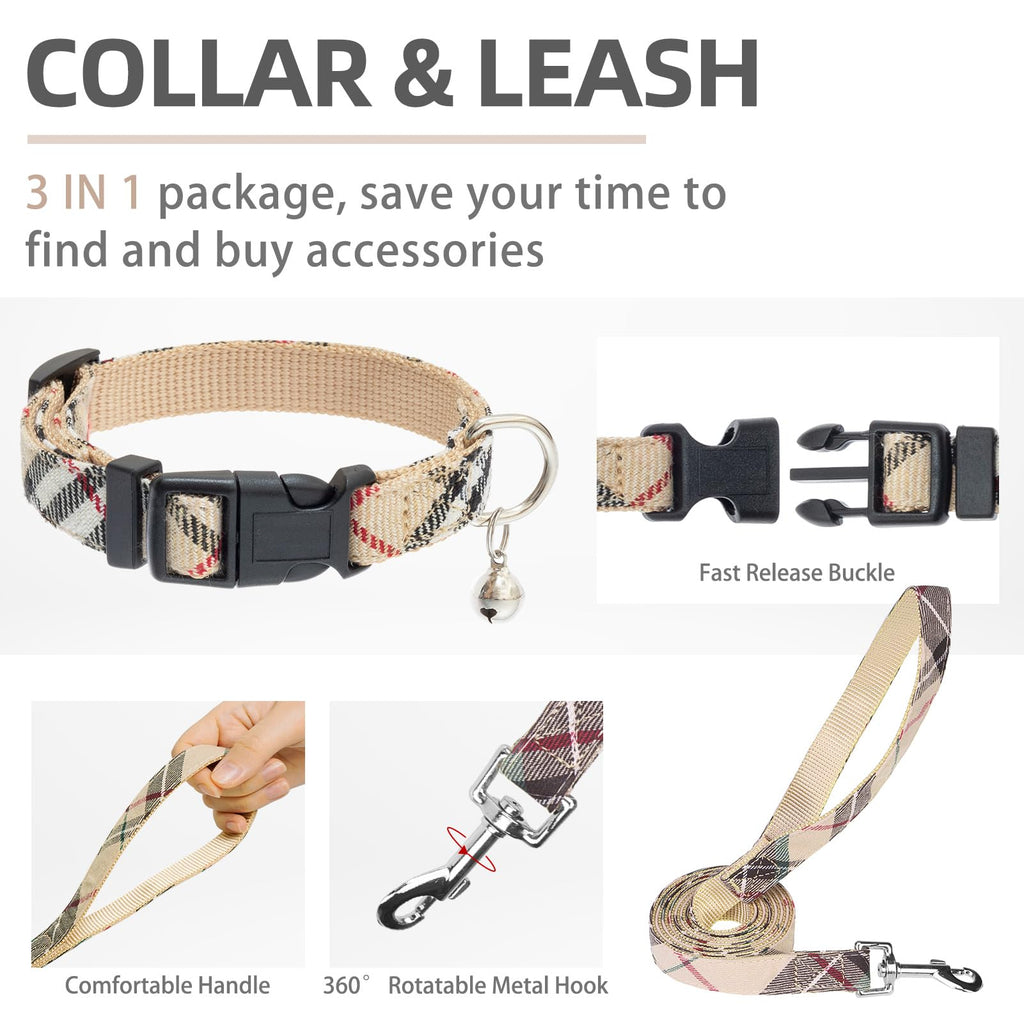 PUPTECK Adjustable Dog Harness, Collar and Leash Set - Step-in No-Pull Vest for Small Dogs and Cats, Reflective Plaid, Size XS (Beige)