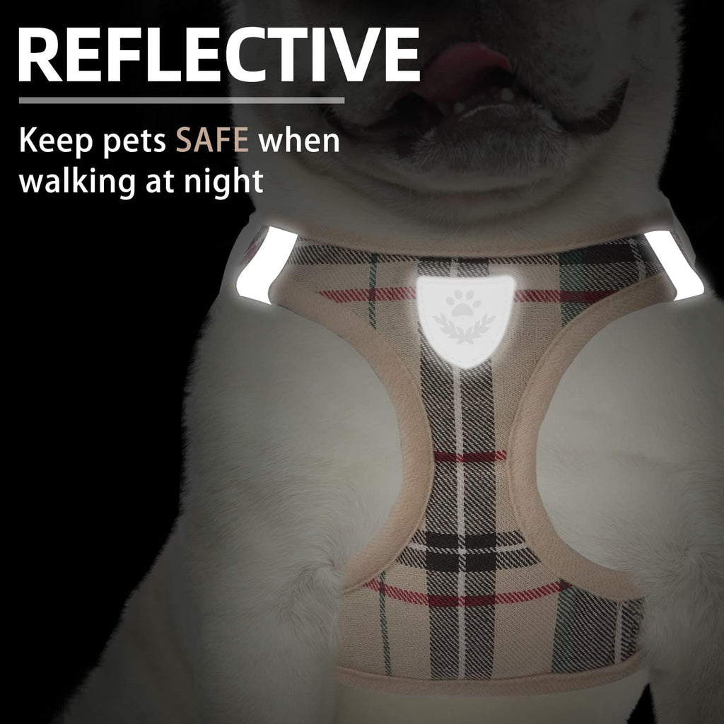 PUPTECK Adjustable Dog Harness, Collar and Leash Set - Step-in No-Pull Vest for Small Dogs and Cats, Reflective Plaid, Size XS (Beige)
