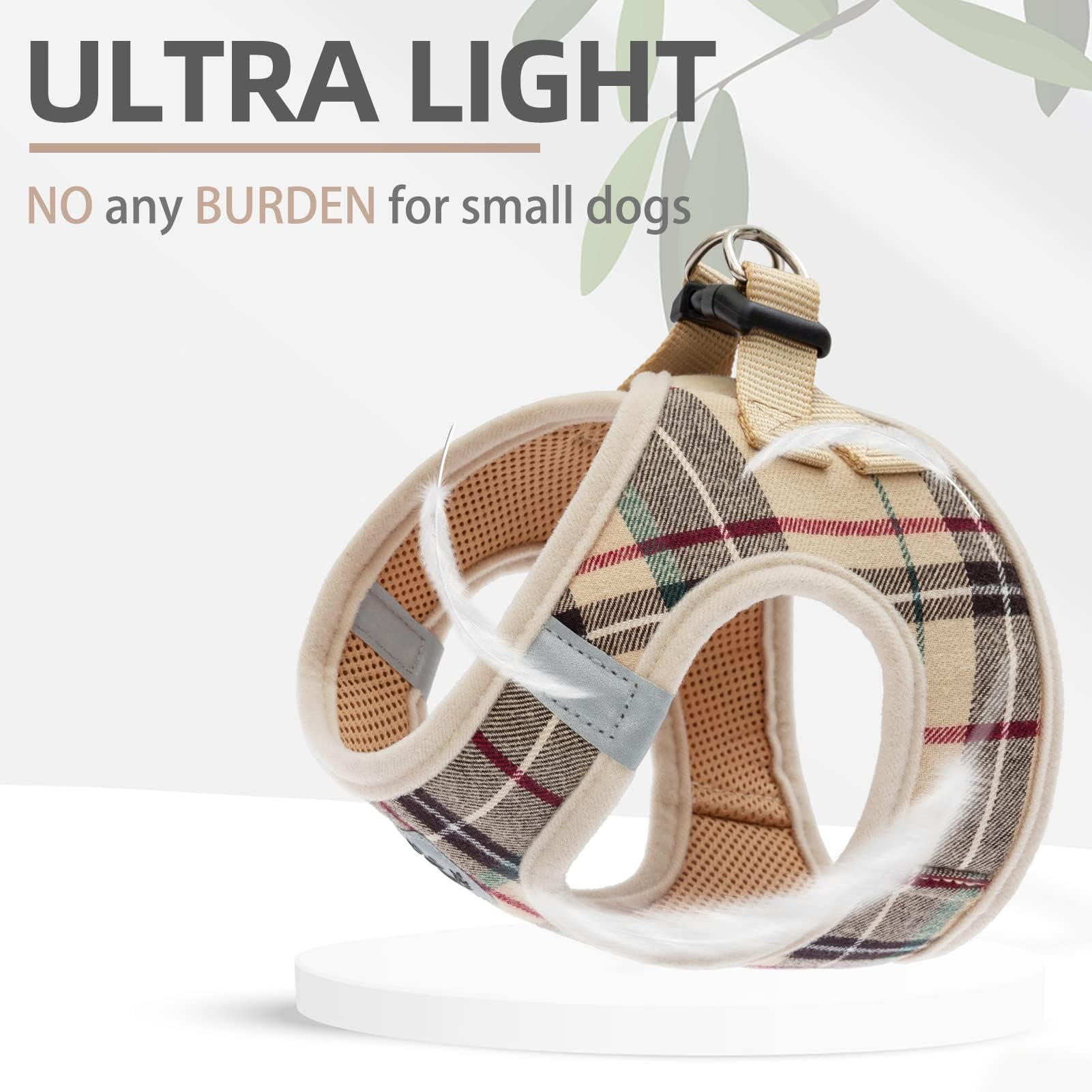 PUPTECK Adjustable Dog Harness, Collar and Leash Set - Step-in No-Pull Vest for Small Dogs and Cats, Reflective Plaid, Size XS (Beige)