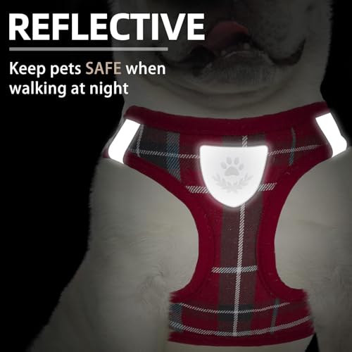 PUPTECK Adjustable Dog Harness Collar and Leash Set – Step-In No-Pull, Reflective, Red Plaid, Size S