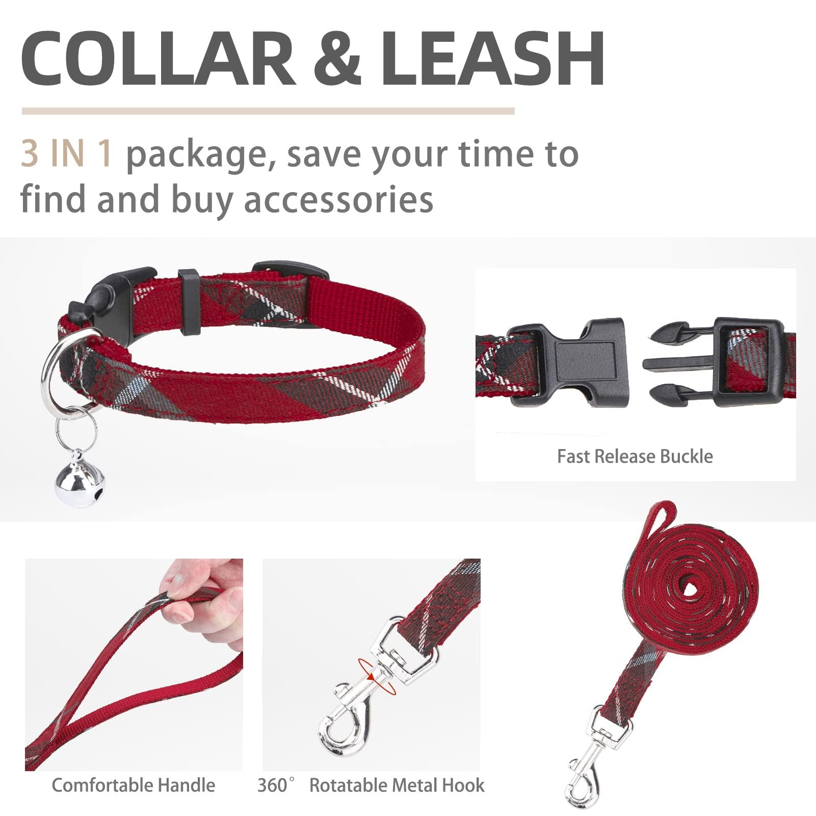 PUPTECK Adjustable Dog Harness Collar and Leash Set – Step-In No-Pull, Reflective, Red Plaid, Size S
