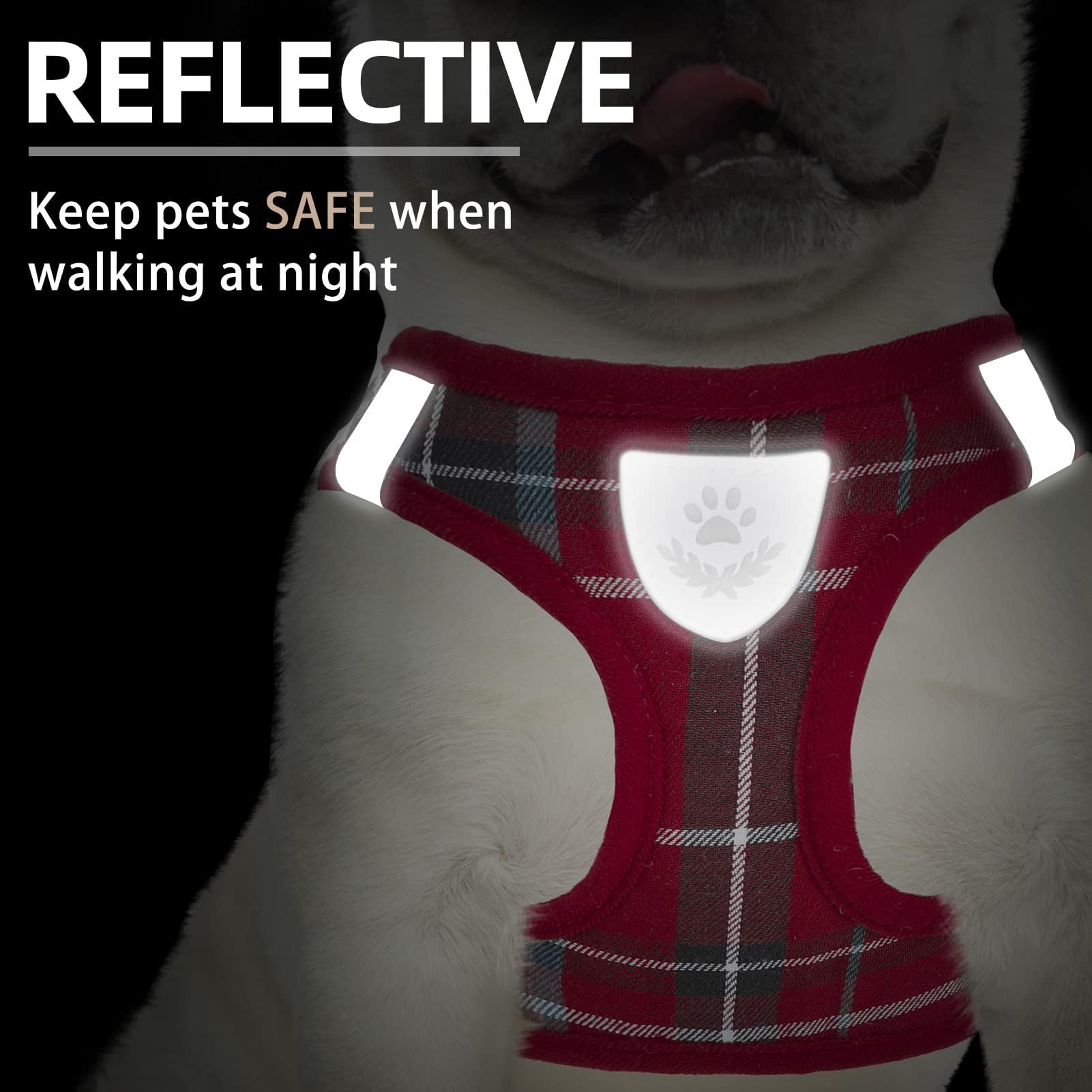 PUPTECK Adjustable Dog Harness Collar and Leash Set – Step-In No-Pull, Reflective, Red Plaid, Size S