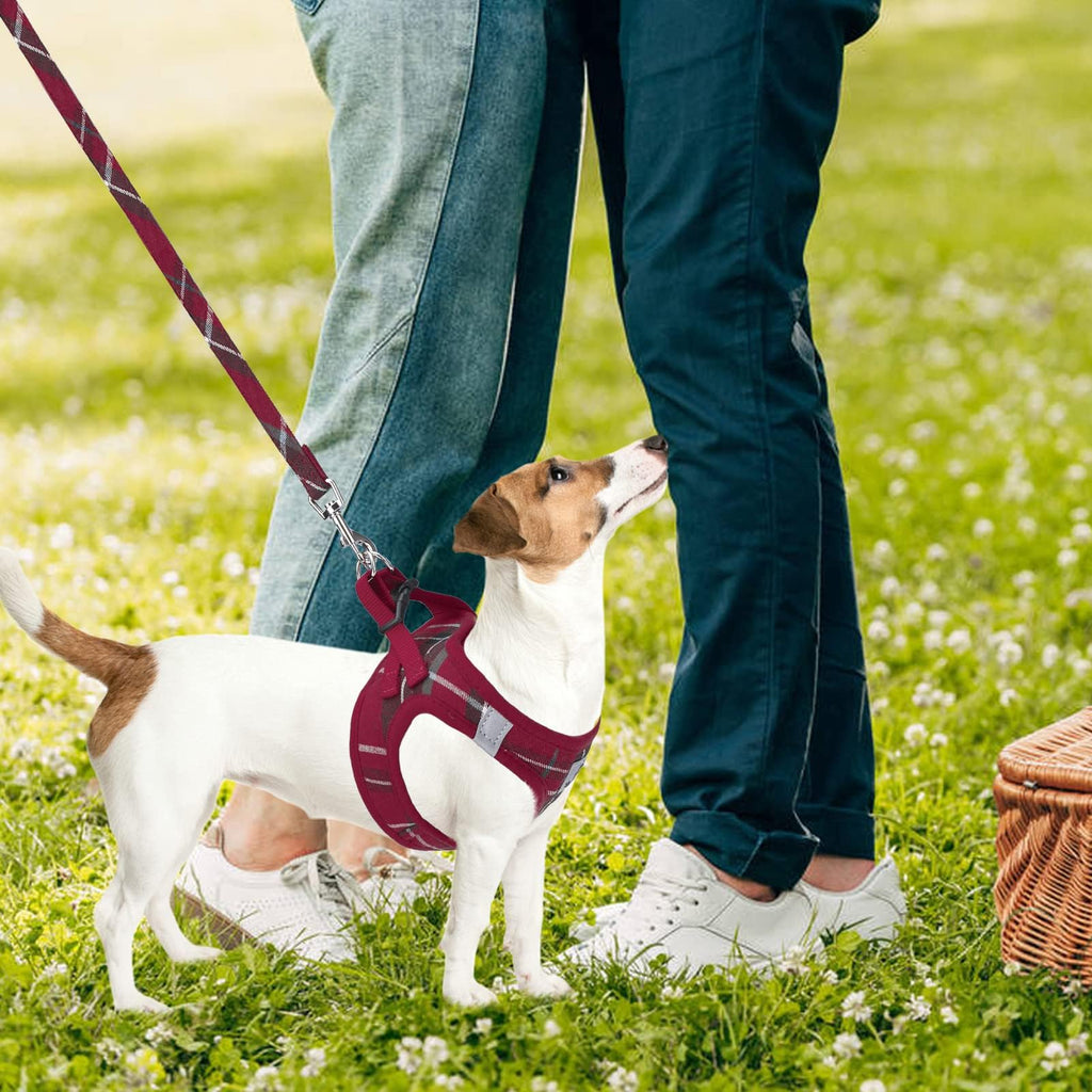 PUPTECK Adjustable Dog Harness Collar and Leash Set – Step-In No-Pull, Reflective, Red Plaid, Size S