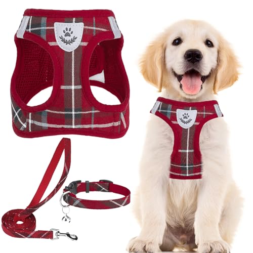 PUPTECK Adjustable Dog Harness Collar and Leash Set – Step-In No-Pull, Reflective, Red Plaid, Size S