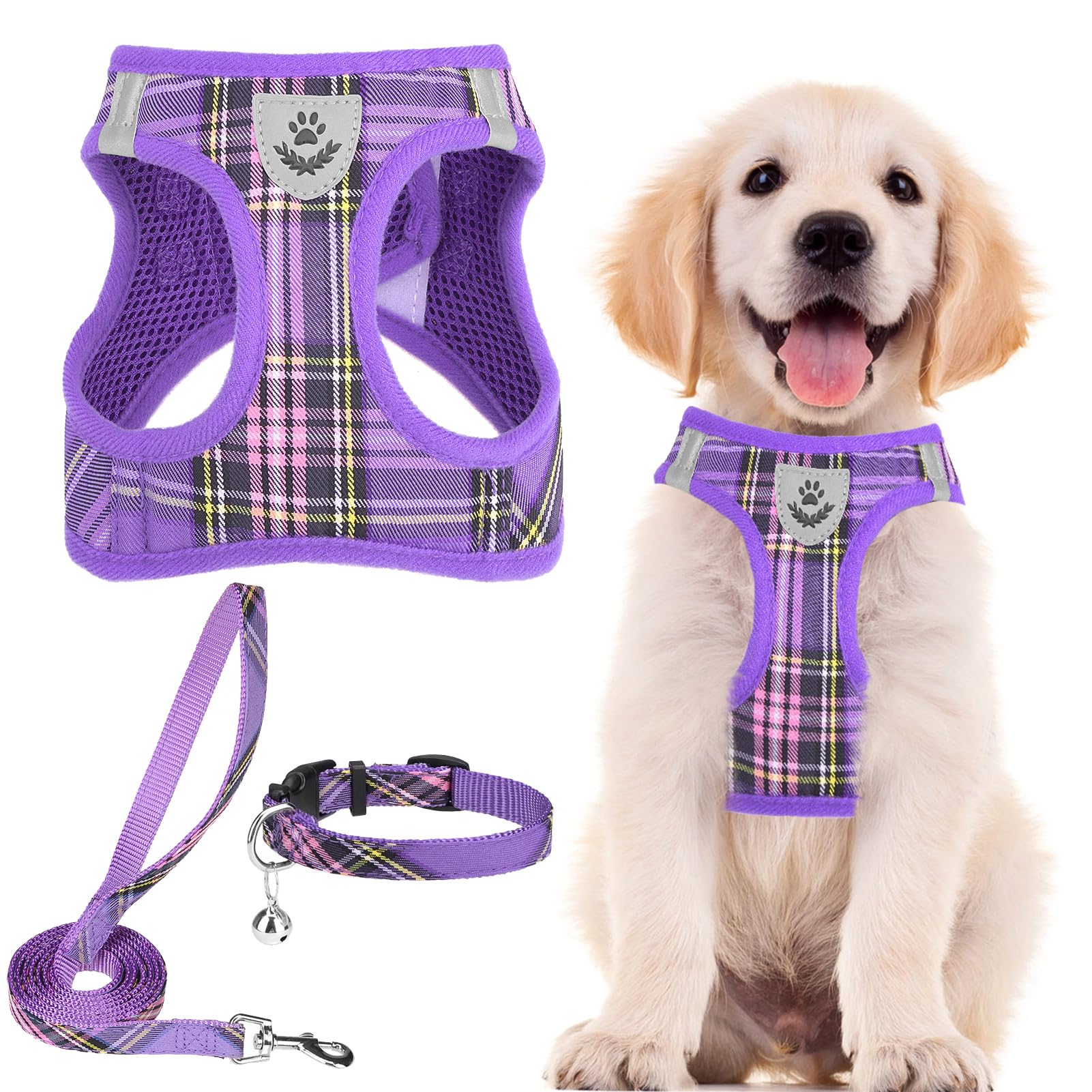 PUPTECK Adjustable Dog Harness, Collar & Leash Set – Step-In No-Pull Vest, Reflective, Purple (Size S)