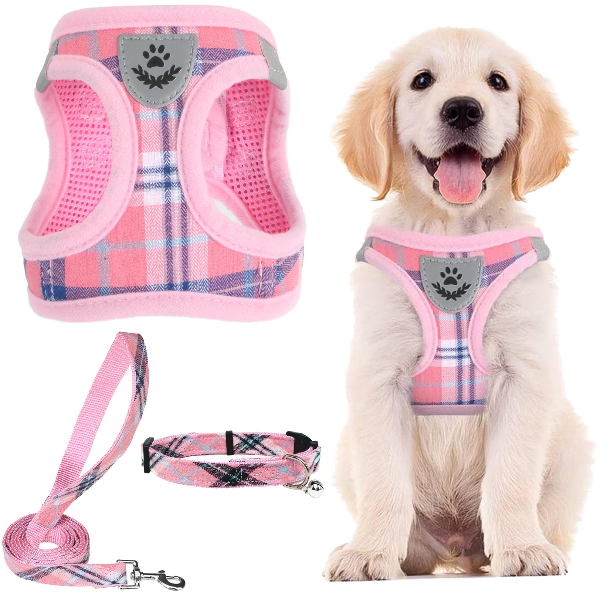 PUPTECK Adjustable Dog Harness Set with Leash and Collar, Step-in No-Pull Vest for Small to Medium Dogs, Pink Plaid, Size S