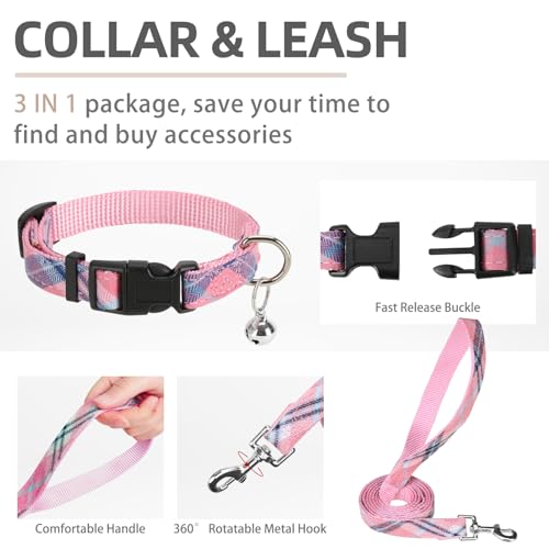 PUPTECK Adjustable Dog Harness Set with Leash and Collar, Step-in No-Pull Vest for Small to Medium Dogs, Pink Plaid, Size S