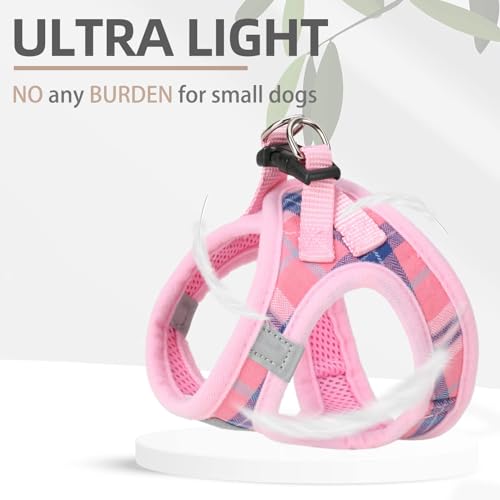 PUPTECK Adjustable Dog Harness Set with Leash and Collar, Step-in No-Pull Vest for Small to Medium Dogs, Pink Plaid, Size S