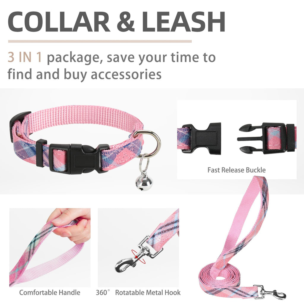 PUPTECK Adjustable Dog Harness Set with Leash and Collar, Step-in No-Pull Vest for Small to Medium Dogs, Pink Plaid, Size S