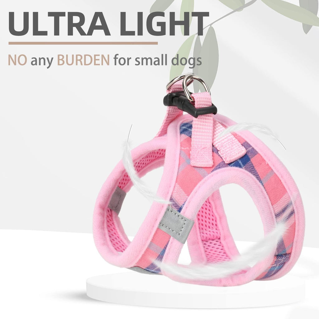 PUPTECK Adjustable Dog Harness Set with Leash and Collar, Step-in No-Pull Vest for Small to Medium Dogs, Pink Plaid, Size S
