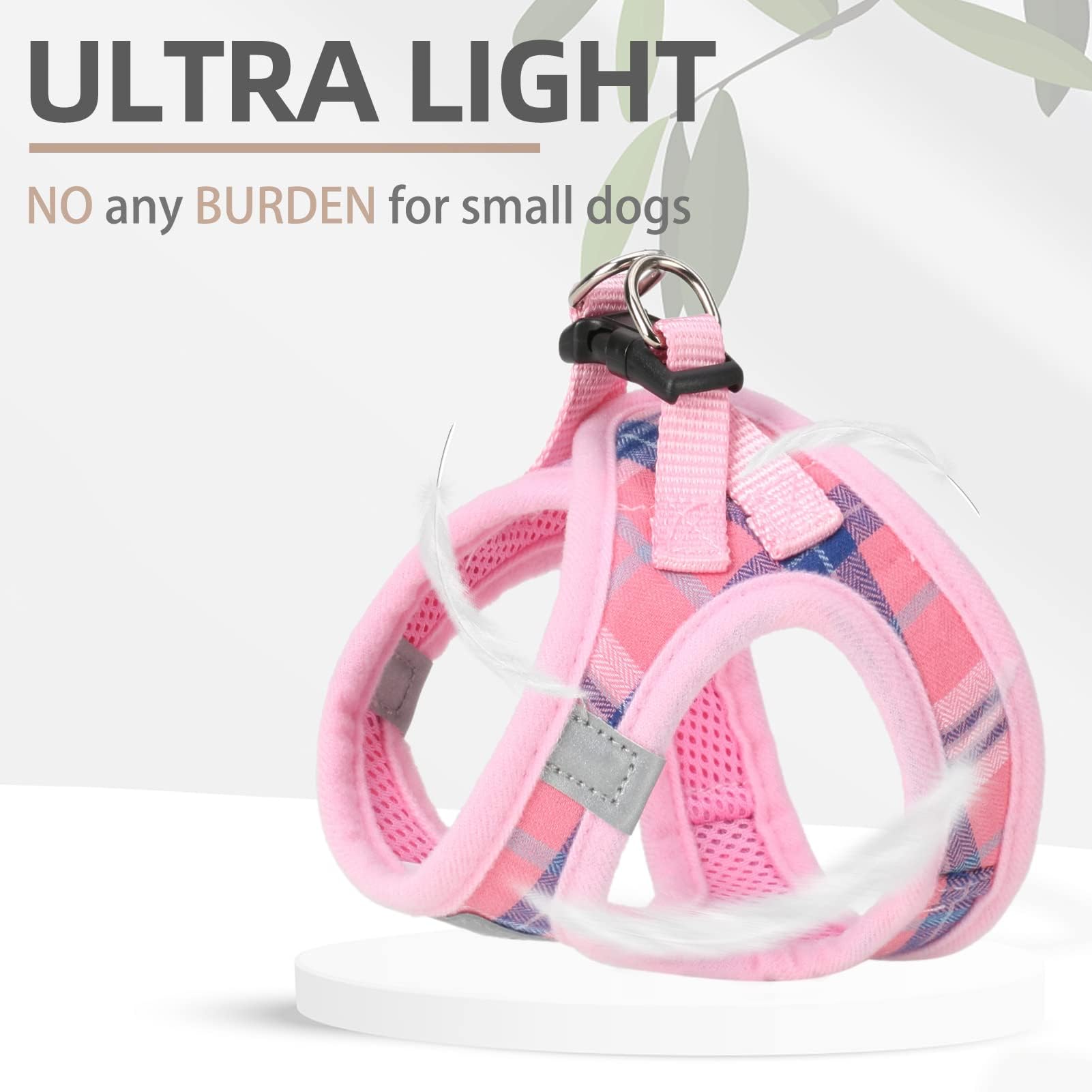PUPTECK Adjustable Dog Harness Set with Leash and Collar, Step-in No-Pull Vest for Small to Medium Dogs, Pink Plaid, Size S