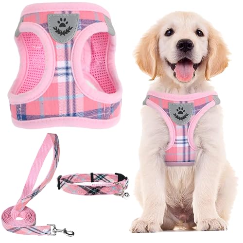 PUPTECK Adjustable Dog Harness Set with Leash and Collar, Step-in No-Pull Vest for Small to Medium Dogs, Pink Plaid, Size S