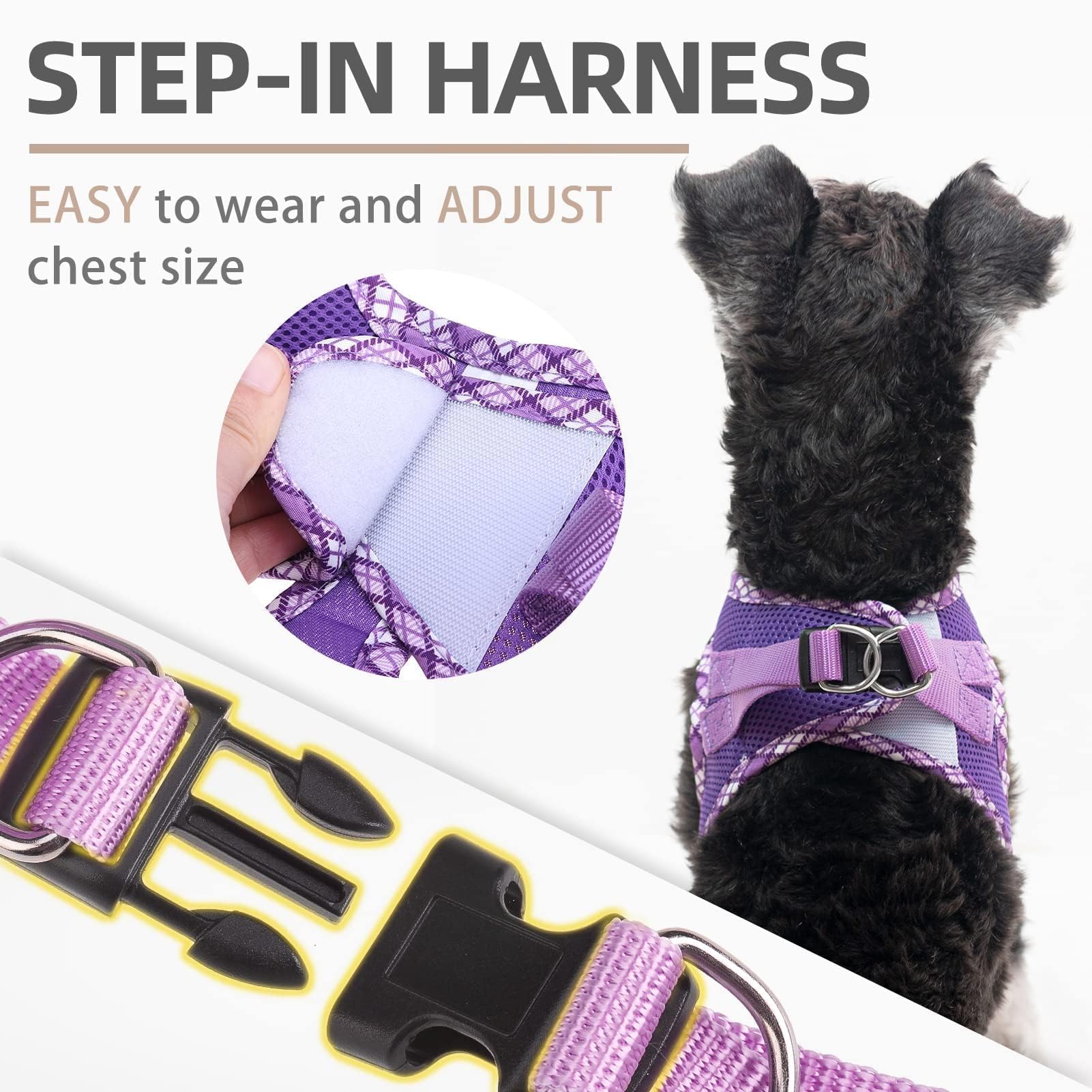 PUPTECK Dog Harness and Leash Set for Small Dogs - No Pull Step-in Vest Harness with Reflective Strip, Purple XS (3-9 lbs)