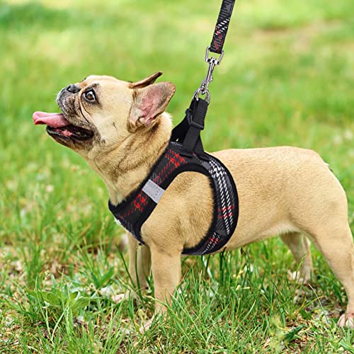 PUPTECK Dog Harness and Leash Set for Small Dogs - No Pull Step-in Vest with Reflective Strips, Black Plaid, Size S