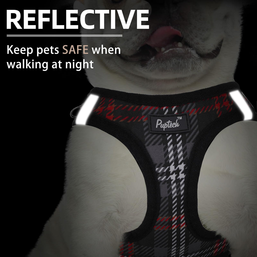 PUPTECK Dog Harness and Leash Set for Small Dogs - No Pull Step-in Vest with Reflective Strips, Black Plaid, Size S