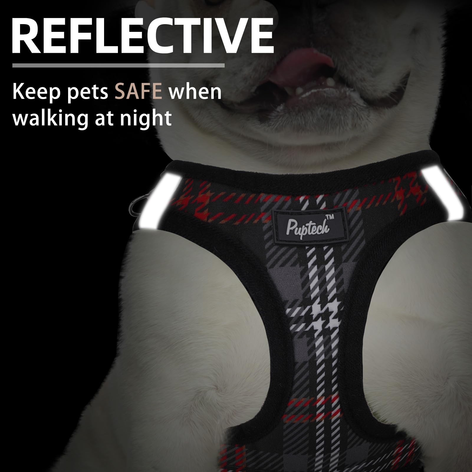 PUPTECK Dog Harness and Leash Set for Small Dogs - No Pull Step-in Vest with Reflective Strips, Black Plaid, Size S