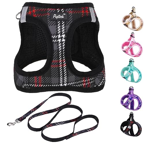PUPTECK Dog Harness and Leash Set for Small Dogs - No Pull Step-in Vest with Reflective Strips, Black Plaid, Size S